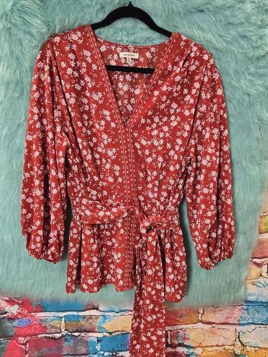 Max Studio Tops - Max Studio Burnt Orange Redish Brown And White Floral Belted Waist Top Size Xl